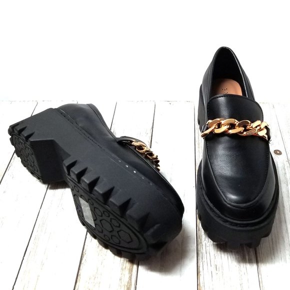Black Chunky Loafers with Gold Chain - Picture 3 of 3